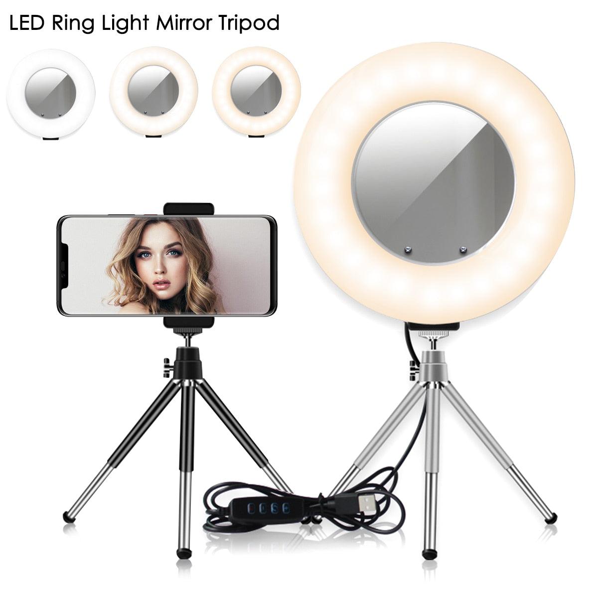 4 In 1 Dimmable LED Ring Light Table Top 5W USB Charging With Mirror Tripod Stand Cell Phone Holder For Live Studio Makeup (RS)(1U50)