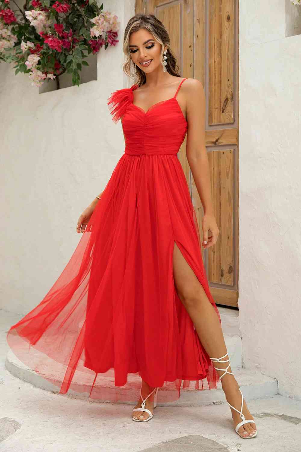 Asymmetrical Ruched Slit Dress (BWM) T - Deals DejaVu