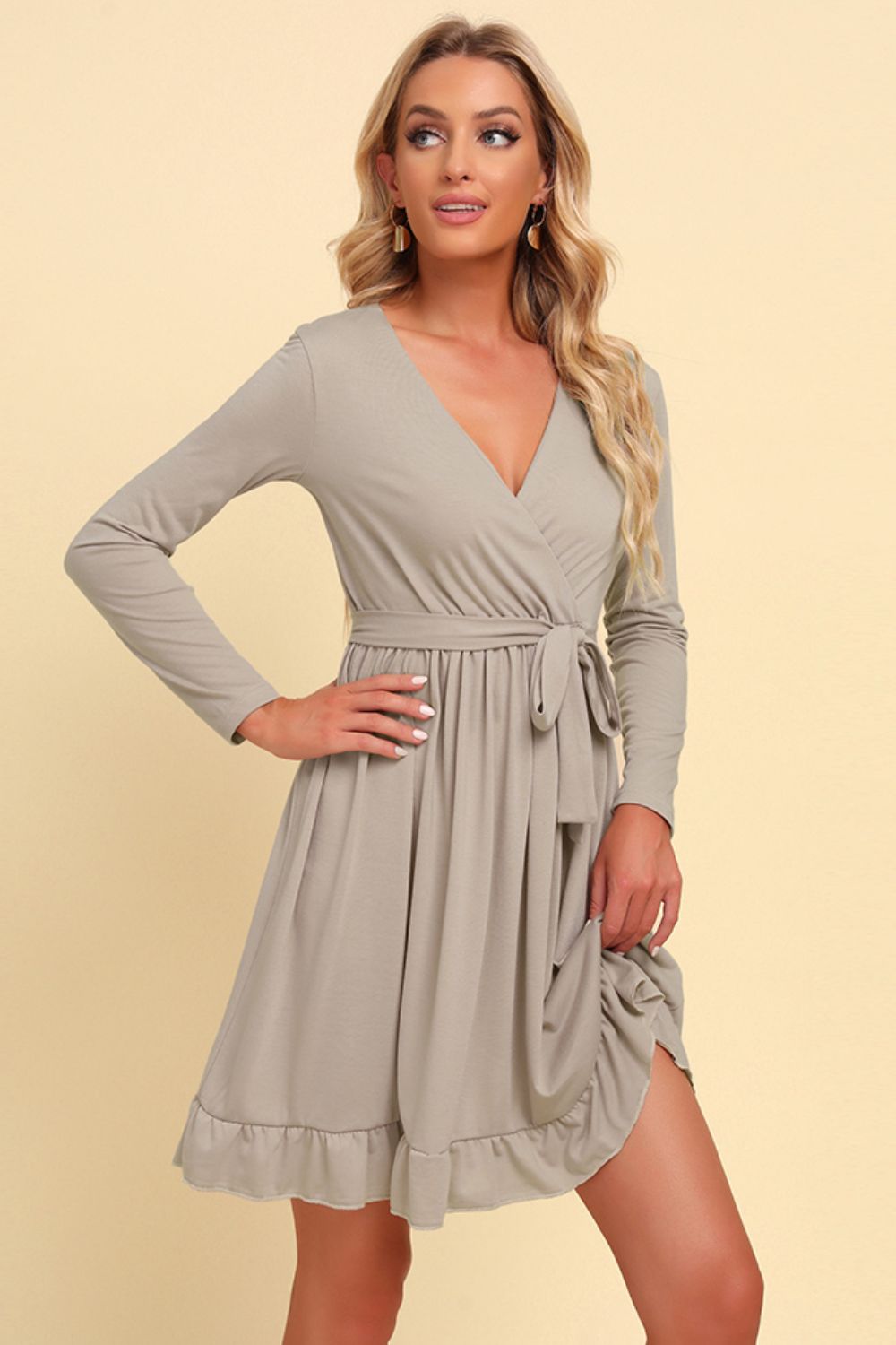 Long Sleeve Tie Waist Ruffle Hem Dress (BWD)(WS06)T - Deals DejaVu