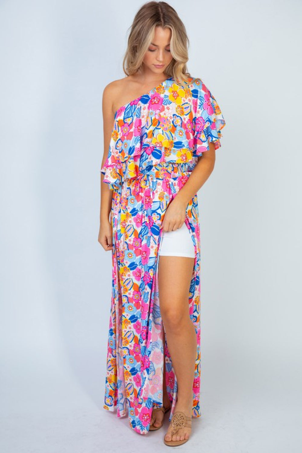 White Birch Sunshine & Blossoms Full Size Floral Smocked Maxi Skirt (TB7) T