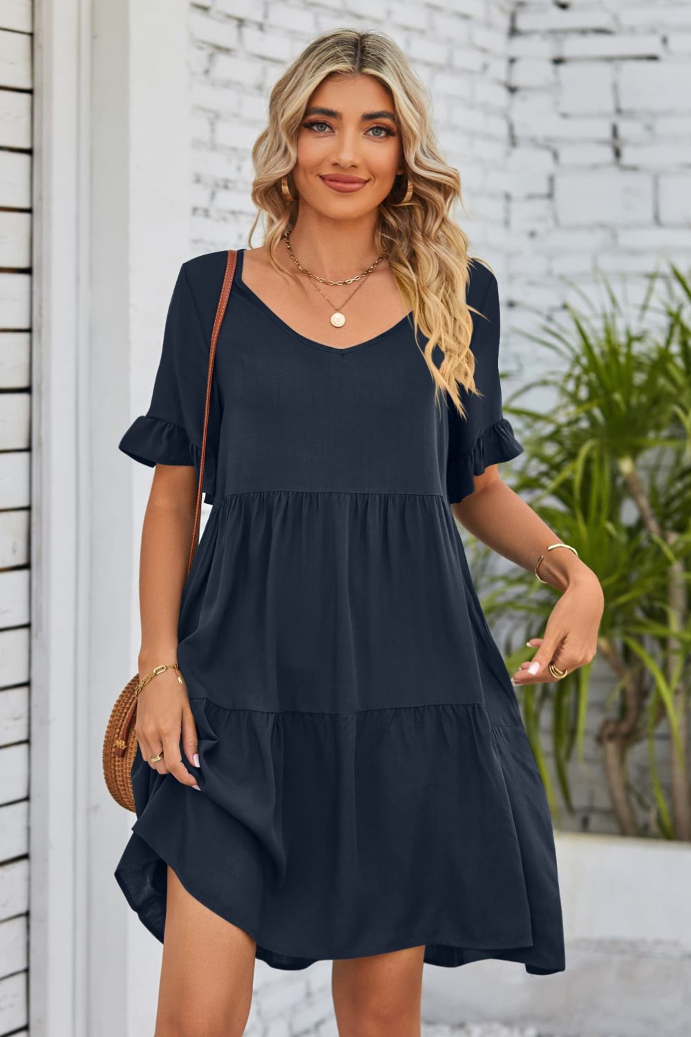 V-Neck Flounce Sleeve Tiered Dress (BWD)(WS06)T - Deals DejaVu