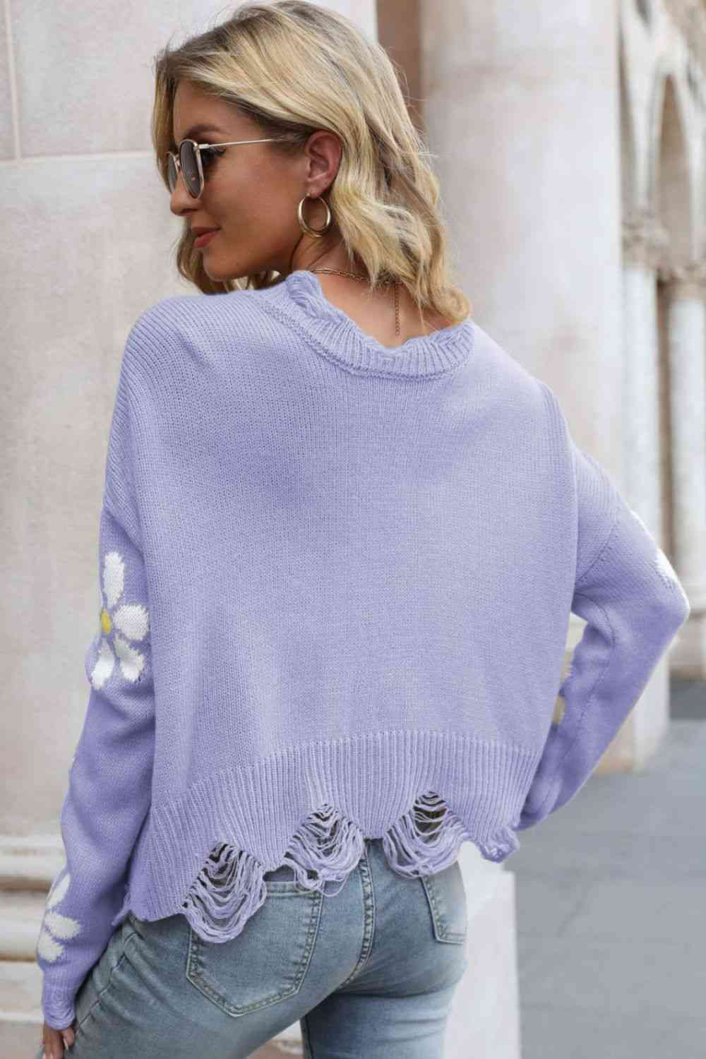 Flower Distressed Ribbed Trim Sweater - Deals DejaVu
