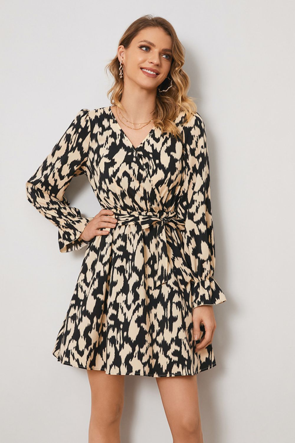 Animal Print Surplice Neck Long Flounce Sleeve Dress (BWD)(WS06)T