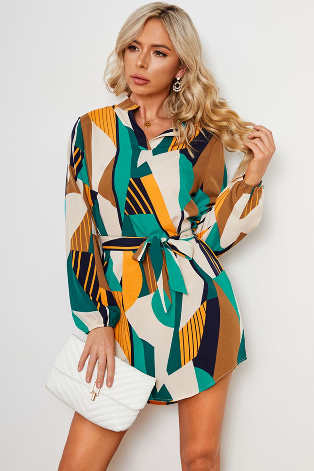 Geometric Print Belted Curved Hem Dress (BWD)(WS06)T