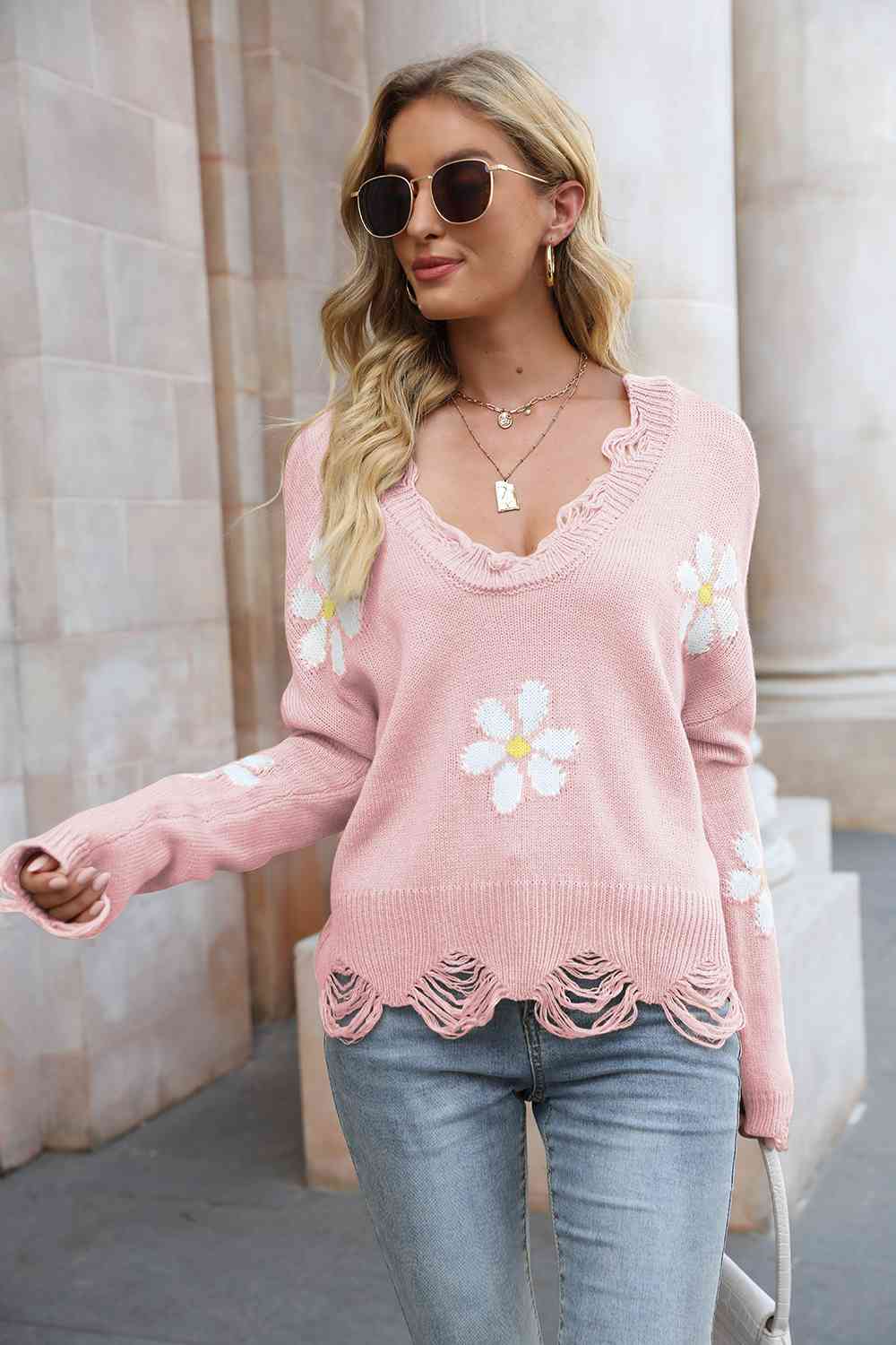 Flower Distressed Long Sleeve Sweater - Deals DejaVu