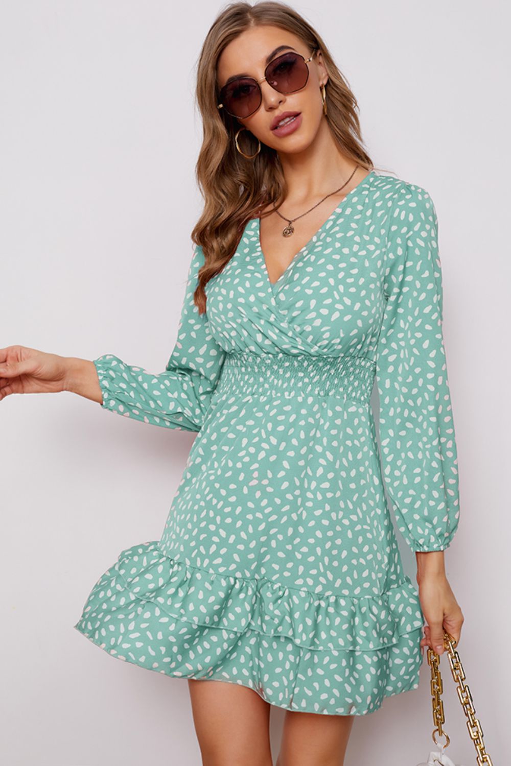 Printed Surplice Neck Puff Sleeve Ruffle Hem Dress (BWD)(WS06)T