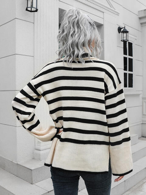 Striped Slit Turtleneck Drop Shoulder Sweater - Deals DejaVu