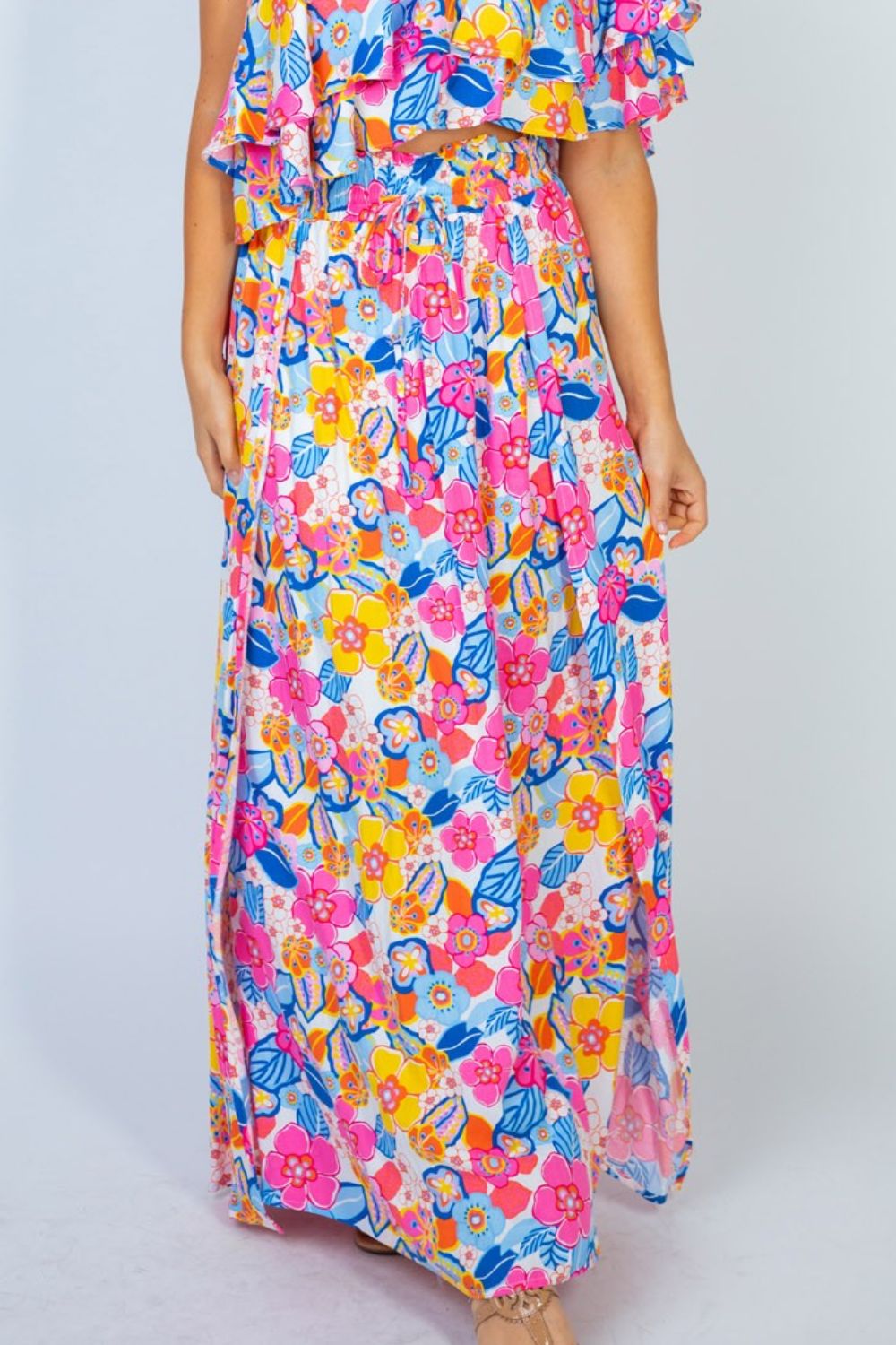 White Birch Sunshine & Blossoms Full Size Floral Smocked Maxi Skirt (TB7) T