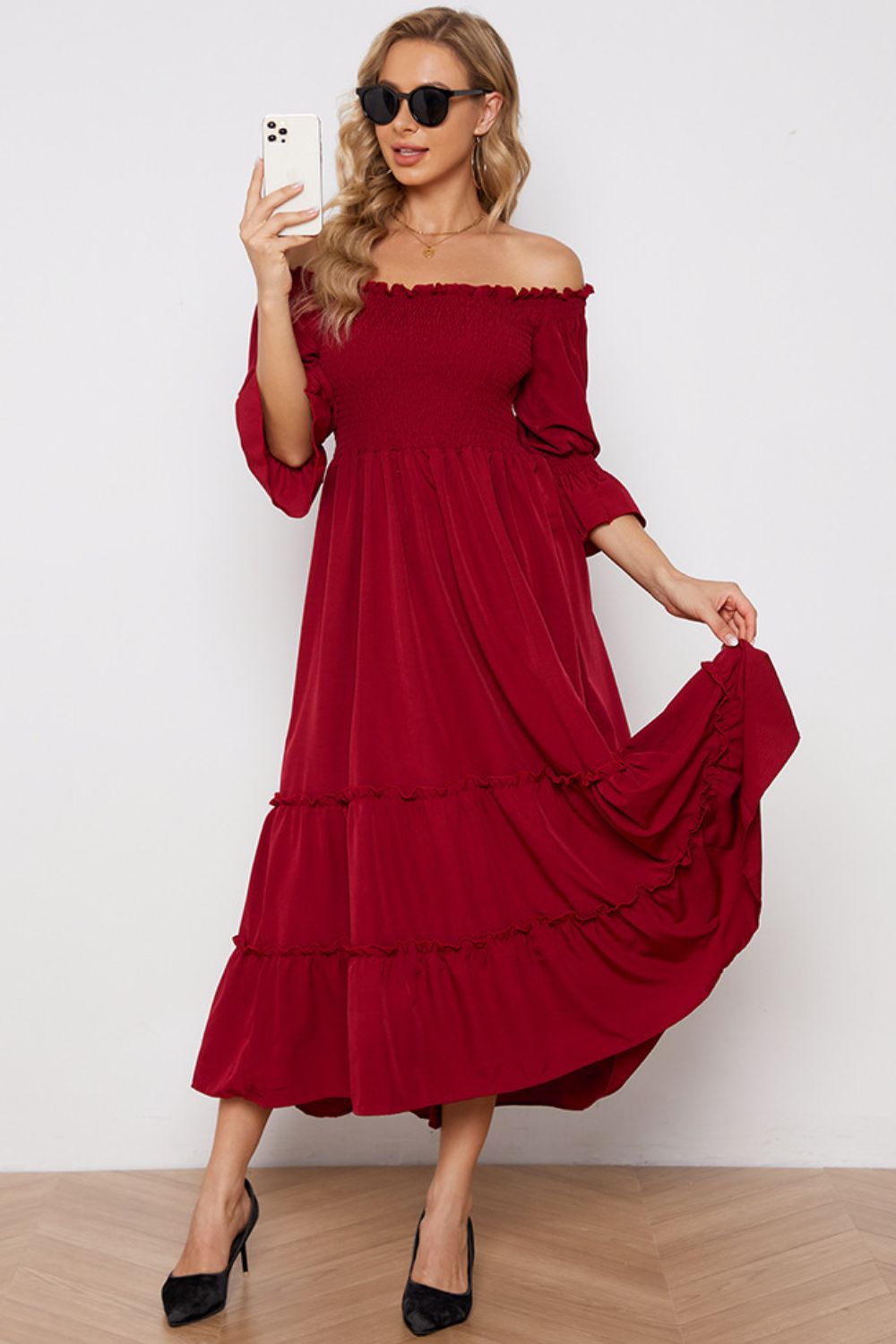Off-Shoulder Flounce Sleeve Frill Trim Tiered Dress (BWD)(WS06)T