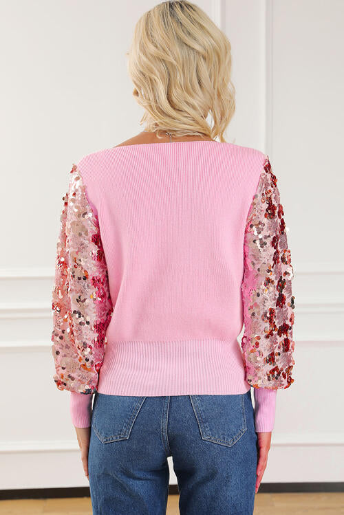 Sequin Long Sleeve V-Neck Sweater - Deals DejaVu