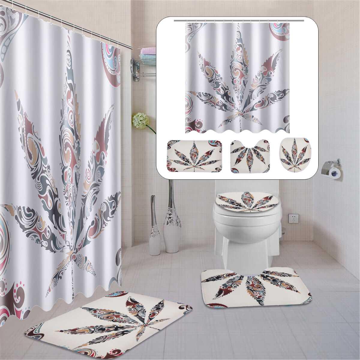 4PC Maple Leaf Pattern Waterproof Shower Curtain and Non-Slip Bathroom Mat Carpeting Toilet Seat Cover Set (RU4)(1U68)(F68)