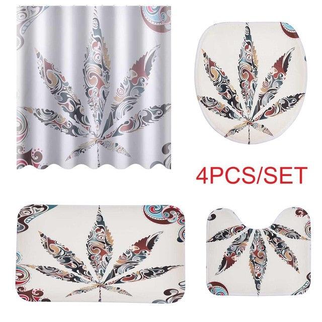 4PC Maple Leaf Pattern Waterproof Shower Curtain and Non-Slip Bathroom Mat Carpeting Toilet Seat Cover Set (RU4)(1U68)(F68)