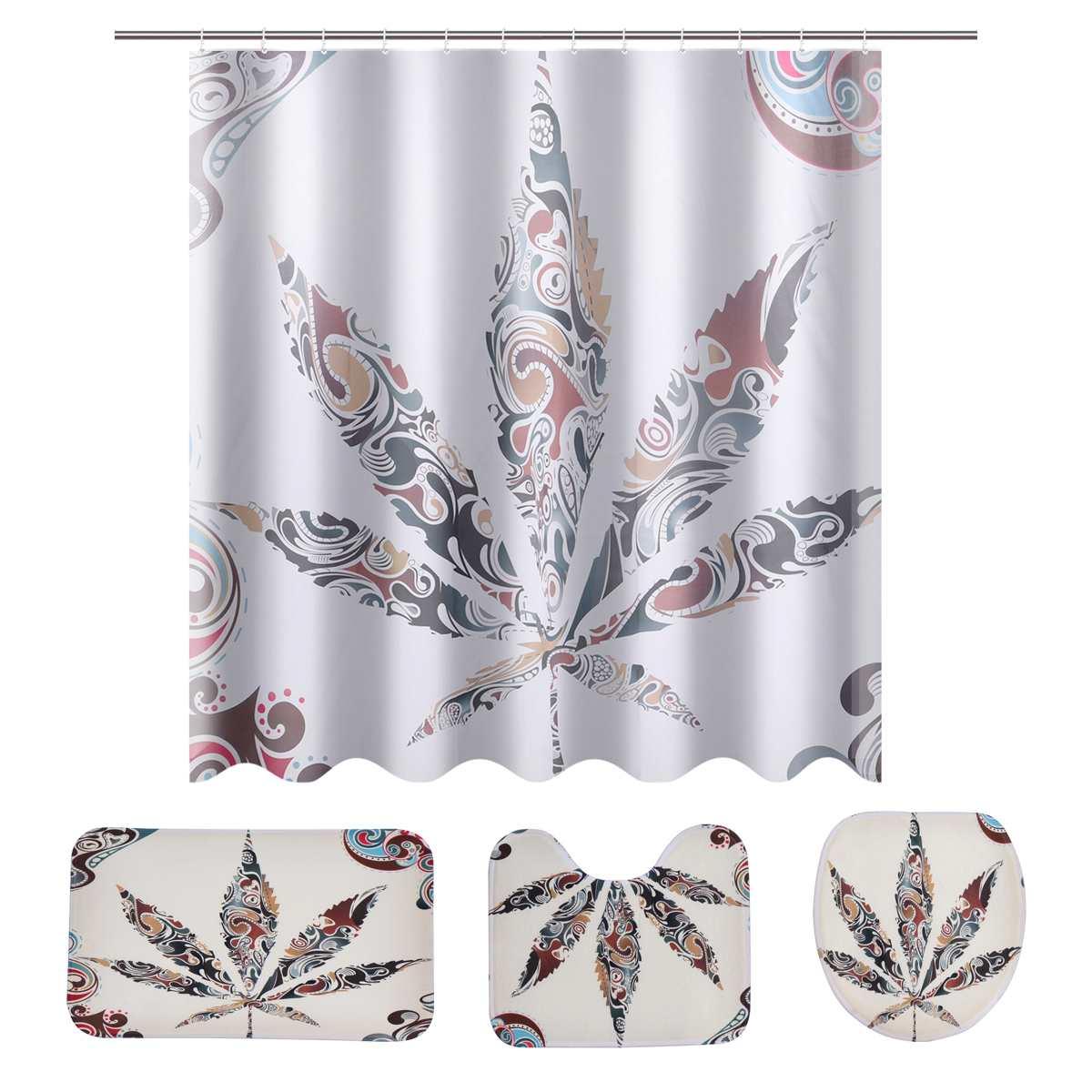 4PC Maple Leaf Pattern Waterproof Shower Curtain and Non-Slip Bathroom Mat Carpeting Toilet Seat Cover Set (RU4)(1U68)(F68)