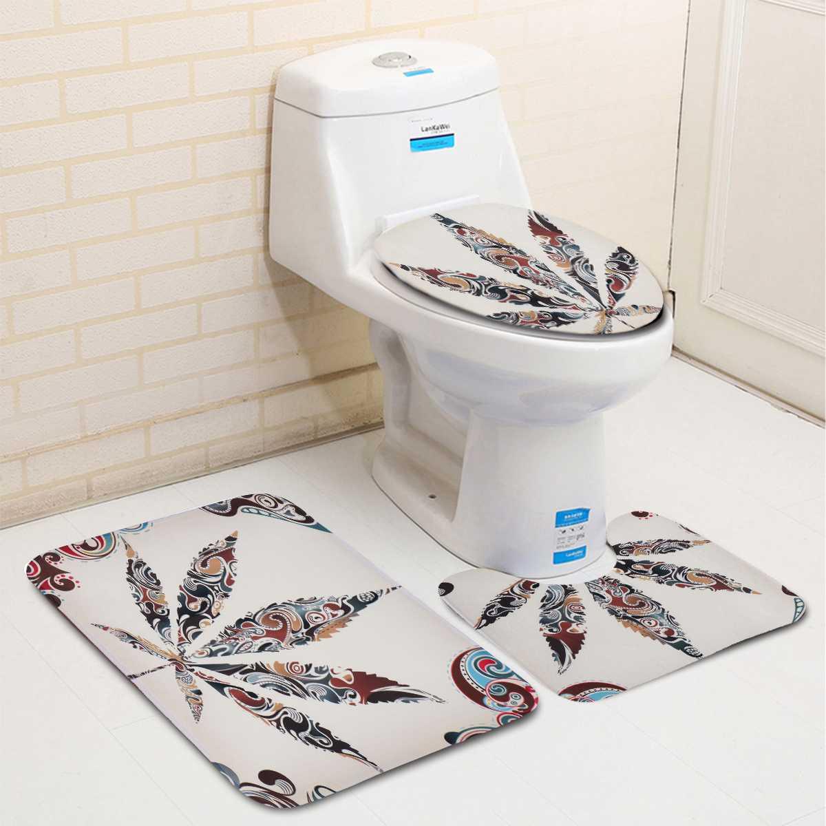 4PC Maple Leaf Pattern Waterproof Shower Curtain and Non-Slip Bathroom Mat Carpeting Toilet Seat Cover Set (RU4)(1U68)(F68)
