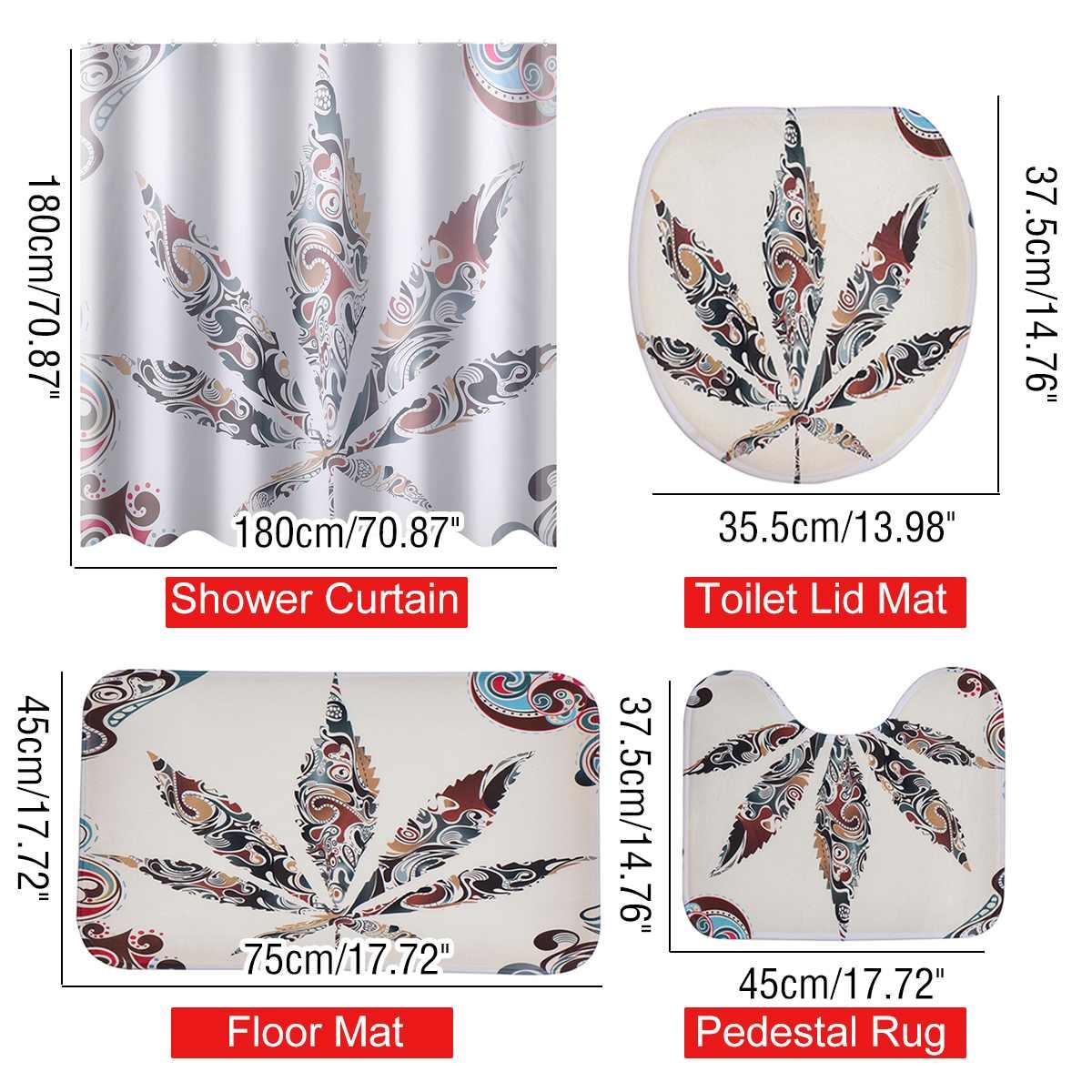 4PC Maple Leaf Pattern Waterproof Shower Curtain and Non-Slip Bathroom Mat Carpeting Toilet Seat Cover Set (RU4)(1U68)(F68)