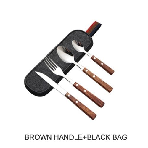 4PCS Tableware 304 Stainless Steel Tableware Western Food Dinner Home Solid Wood Handle Knife Fork Spoon Set (D61)(AK6)