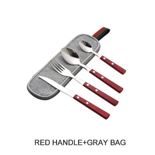 4PCS Tableware 304 Stainless Steel Tableware Western Food Dinner Home Solid Wood Handle Knife Fork Spoon Set (D61)(AK6)