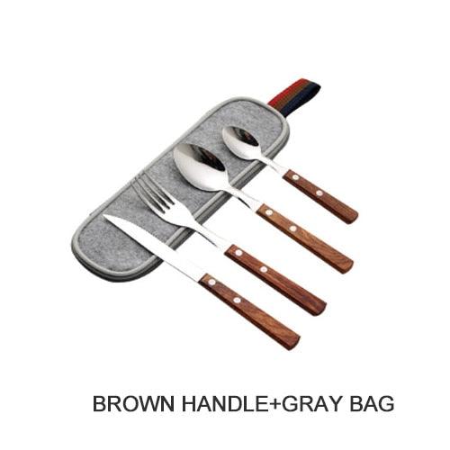 4PCS Tableware 304 Stainless Steel Tableware Western Food Dinner Home Solid Wood Handle Knife Fork Spoon Set (D61)(AK6)
