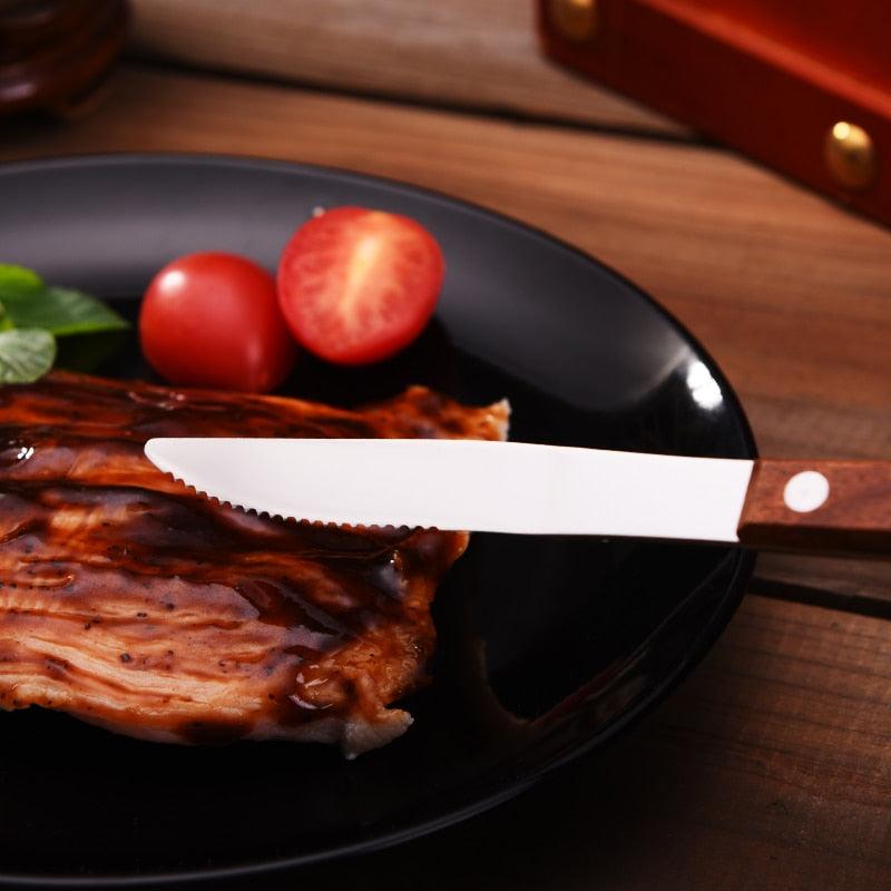 4PCS Tableware 304 Stainless Steel Tableware Western Food Dinner Home Solid Wood Handle Knife Fork Spoon Set (D61)(AK6)