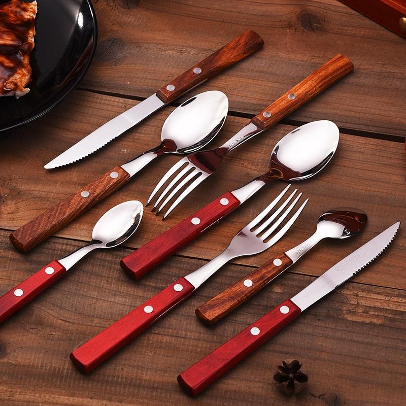 4PCS Tableware 304 Stainless Steel Tableware Western Food Dinner Home Solid Wood Handle Knife Fork Spoon Set (D61)(AK6)