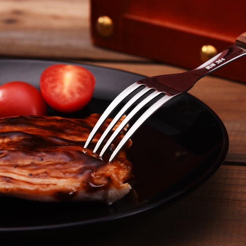 4PCS Tableware 304 Stainless Steel Tableware Western Food Dinner Home Solid Wood Handle Knife Fork Spoon Set (D61)(AK6)