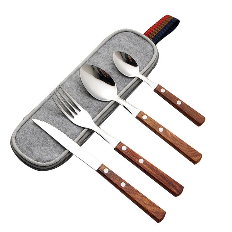 4PCS Tableware 304 Stainless Steel Tableware Western Food Dinner Home Solid Wood Handle Knife Fork Spoon Set (D61)(AK6)