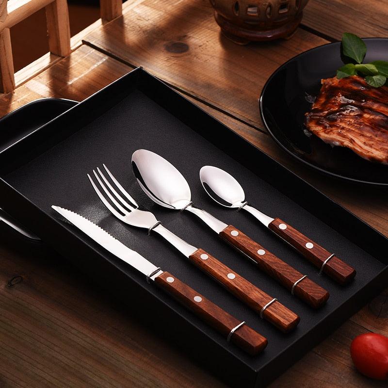 4PCS Tableware 304 Stainless Steel Tableware Western Food Dinner Home Solid Wood Handle Knife Fork Spoon Set (D61)(AK6)
