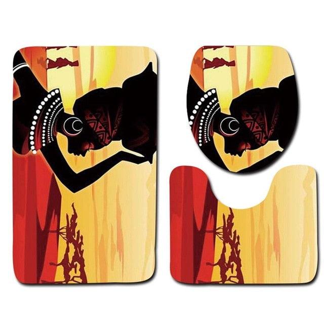 4Pcs Bathroom Suit African Girl Waterproof Toilet Cover Rug Mat Set Flannel Bathroom Shower Curtain (B&2)(B&4)(1U65)(F65)