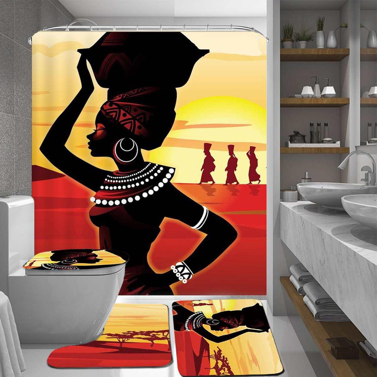 4Pcs Bathroom Suit African Girl Waterproof Toilet Cover Rug Mat Set Flannel Bathroom Shower Curtain (B&2)(B&4)(1U65)(F65)