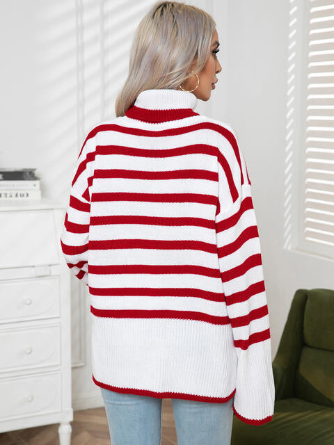 Striped Slit Turtleneck Drop Shoulder Sweater - Deals DejaVu