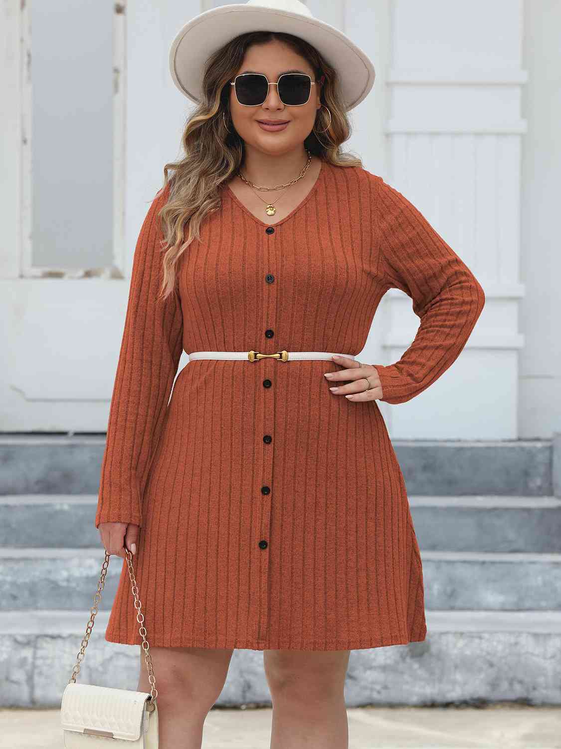 Plus Size Ribbed Buttoned V-Neck Long Sleeve Dress (MWBT) T - Deals DejaVu
