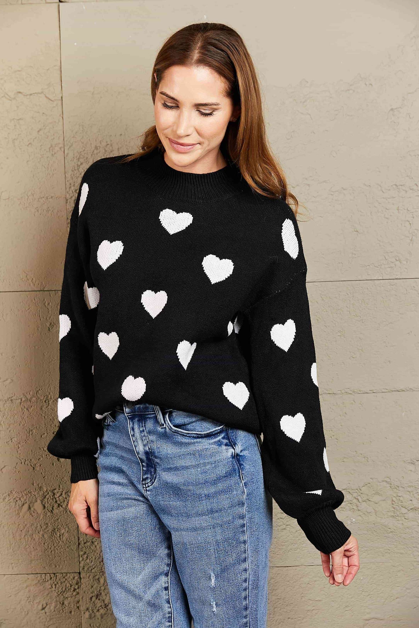 Woven Right Heart Pattern Lantern Sleeve Round Neck Tunic Sweater - Deals DejaVu
