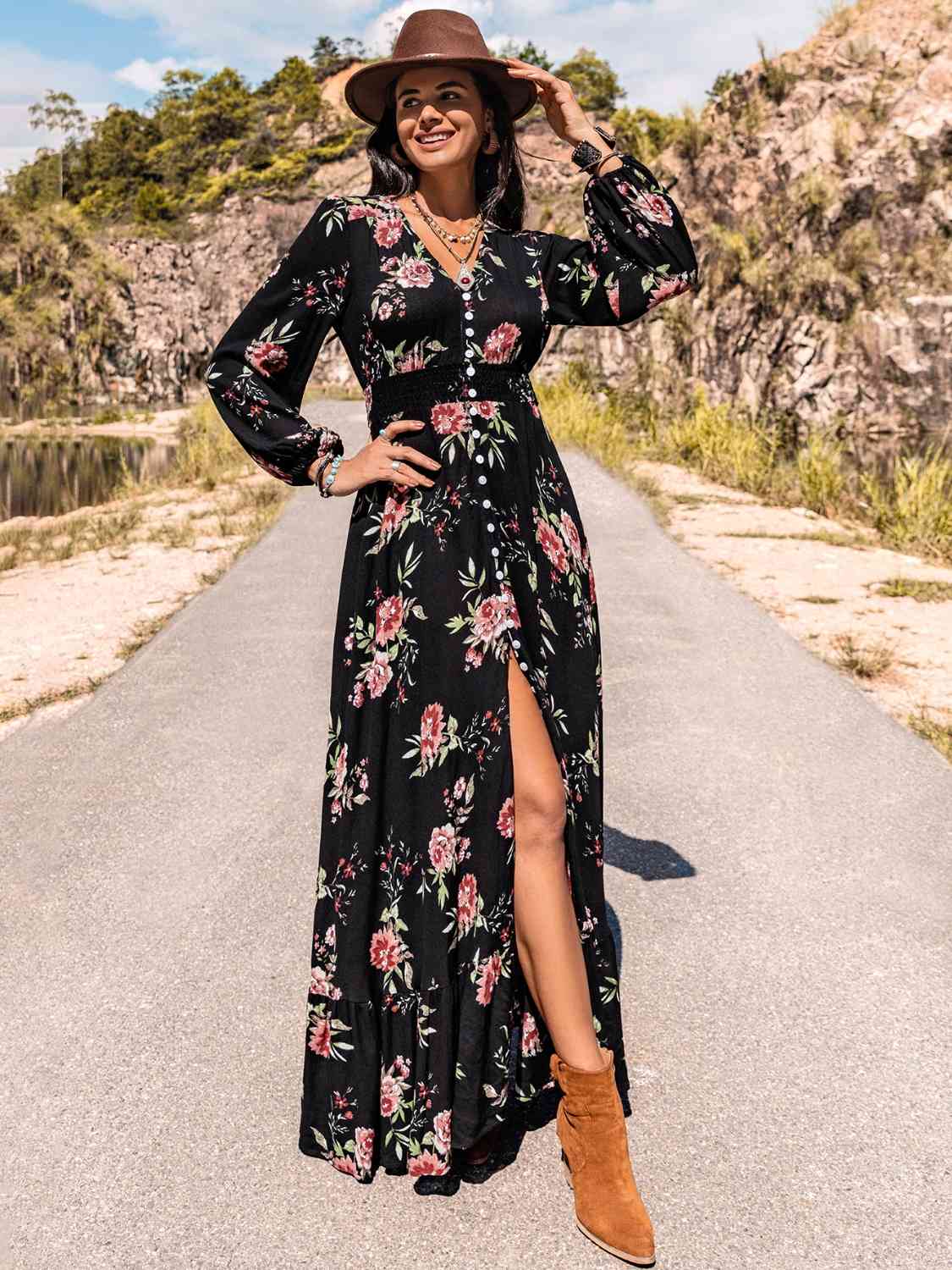 Floral V-Neck Split Maxi Dress (BWMT) T - Deals DejaVu