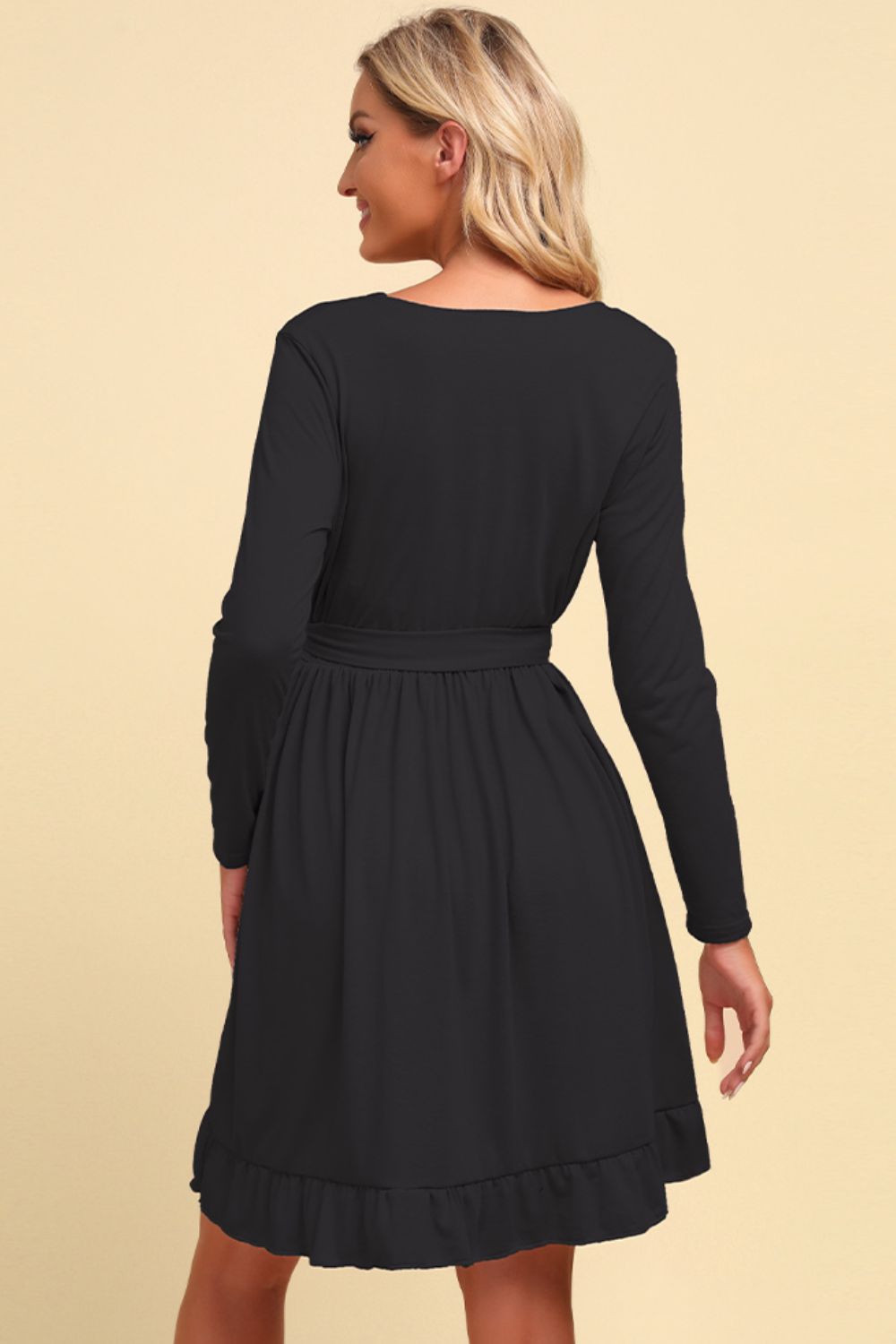 Long Sleeve Tie Waist Ruffle Hem Dress (BWD)(WS06)T - Deals DejaVu