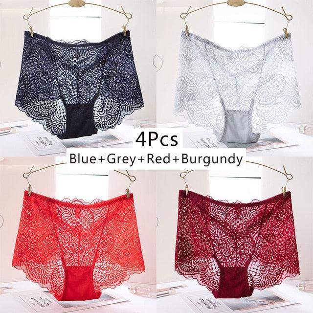 Great 4pcs Women Transparent Panties - Sexy Lace Hollow Out Underwear - High Waist Seamless Briefs (TSP2)(F28)