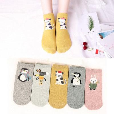 Nice 5 Pairs/Set Women's Cute Cat Short Socks - Print Cartoon Animal Casual (3WH1)(2WH1)