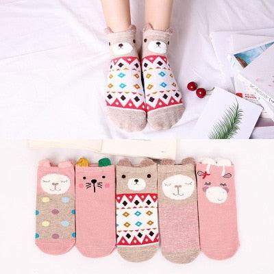 Nice 5 Pairs/Set Women's Cute Cat Short Socks - Print Cartoon Animal Casual (3WH1)(2WH1)