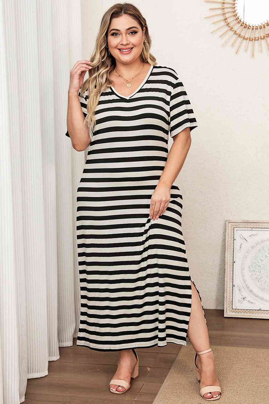 Plus Size V-Neck Side Slit Maxi Dress (BWMT) T - Deals DejaVu
