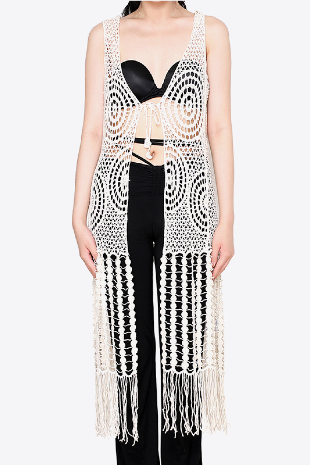 Tie Front Fringe Hem Sleeveless Cover Up (TB11D) T