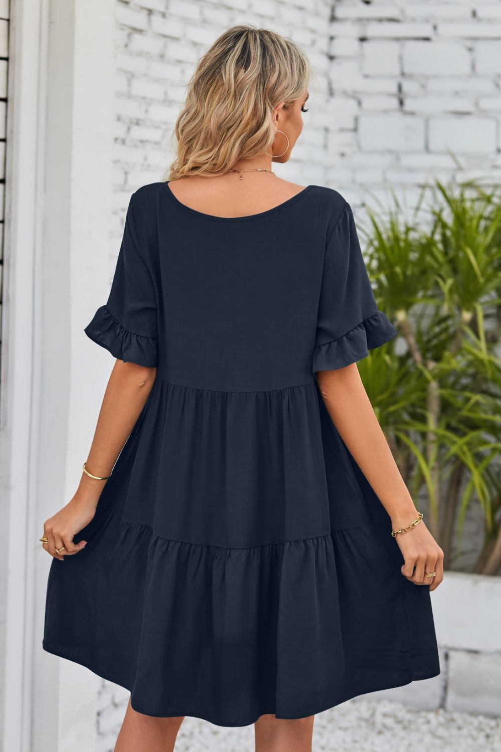 V-Neck Flounce Sleeve Tiered Dress (BWD)(WS06)T - Deals DejaVu