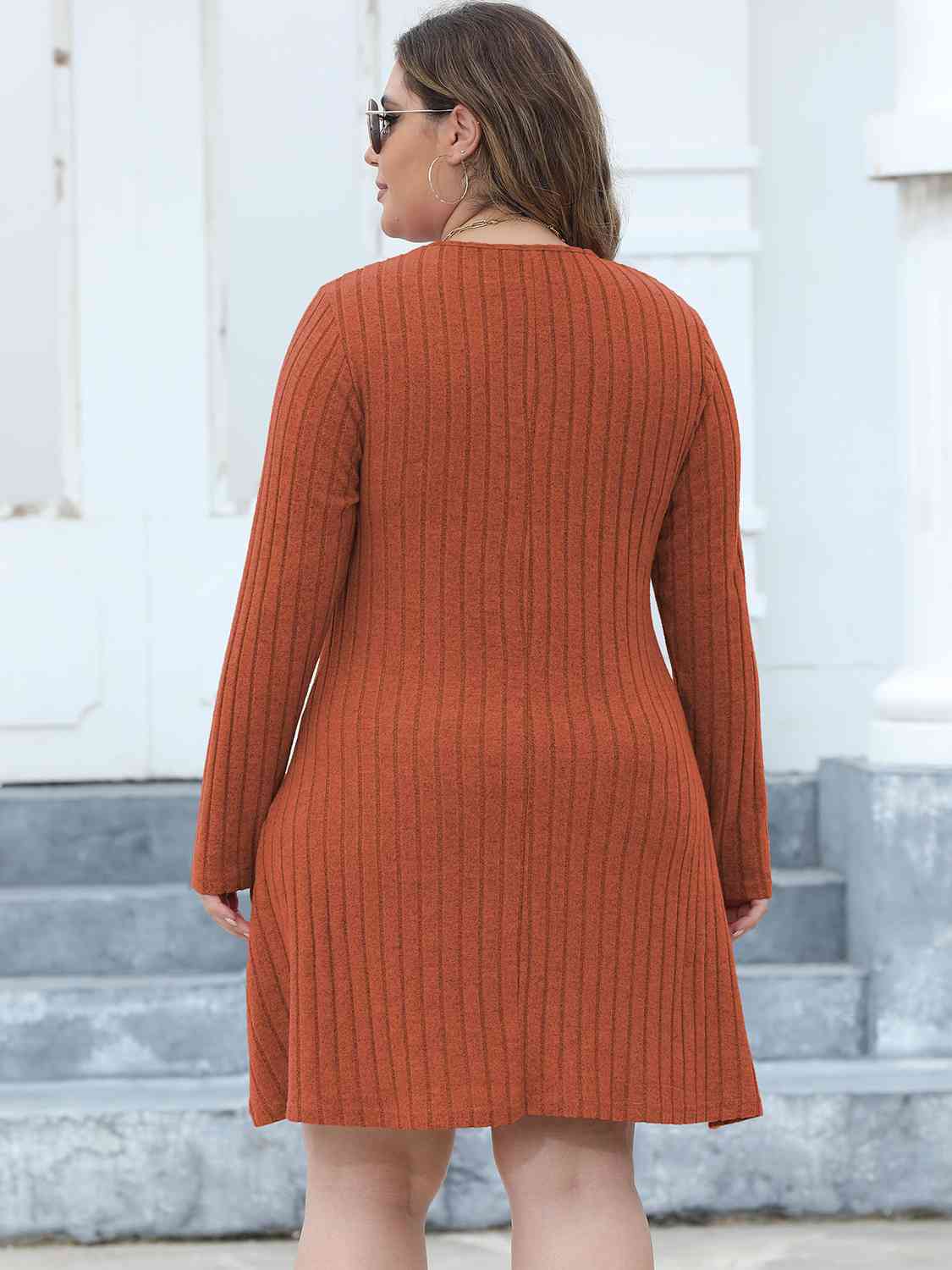 Plus Size Ribbed Buttoned V-Neck Long Sleeve Dress (MWBT) T - Deals DejaVu