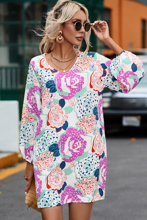 Floral V-Neck Long Sleeve Dress (MWBT) T - Deals DejaVu