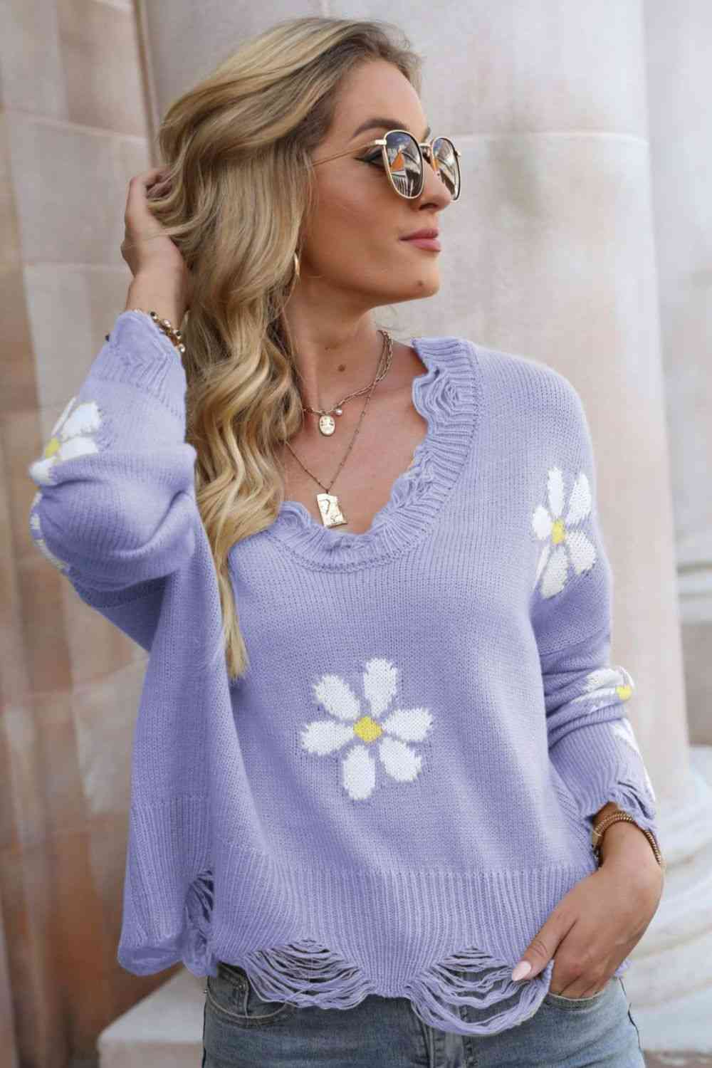Flower Distressed Ribbed Trim Sweater - Deals DejaVu