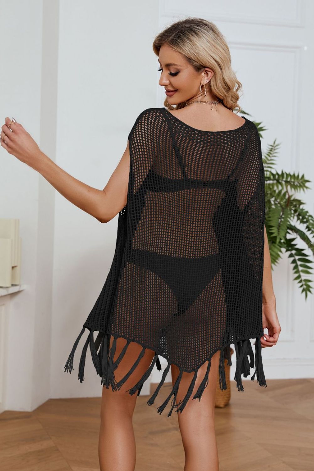 Fringe Trim Openwork Cover-Up Dress (TB11D) T