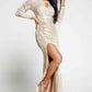 Sequin Cutout Ruched Split Long Sleeve Maxi Dress (BWMT) T - Deals DejaVu