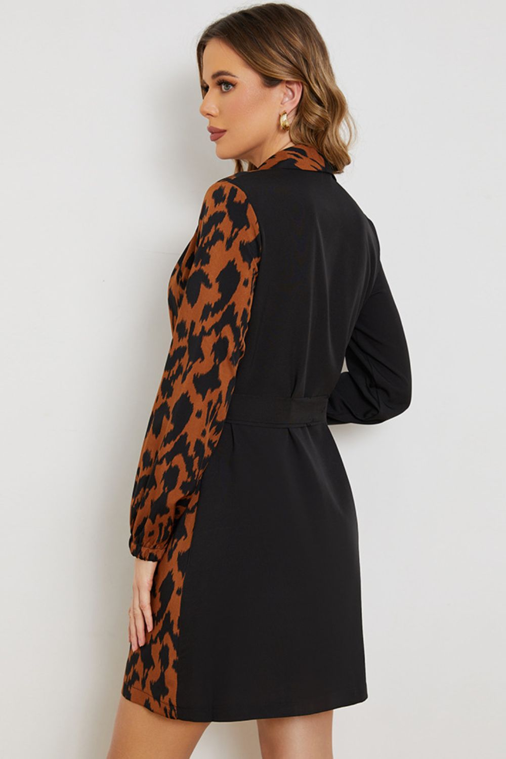 Leopard Color Block Belted Shawl Collar Dress (BWD)(WS06)T
