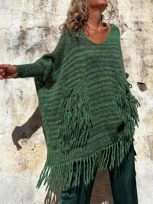 Fringe Detail Long Sleeve Sweater with Pockets - Deals DejaVu