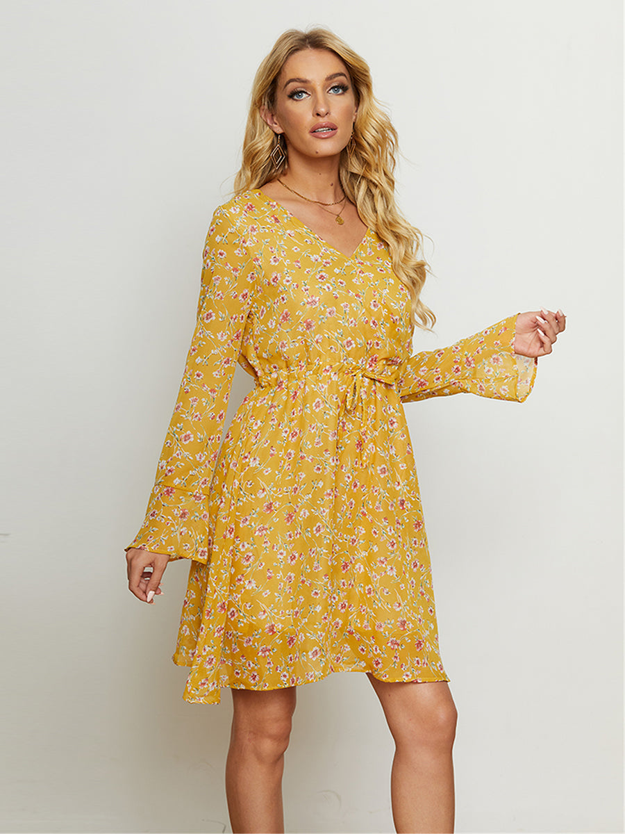 Floral Drawstring Waist V-Neck Dress (BWD)(WS06)T