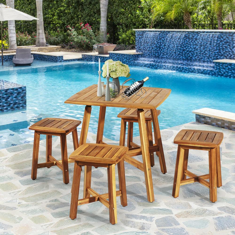 5PCS Acacia Patio Dining Set Outdoor Dining Furniture w/Square Table & 4 Stools (FW1)(FW3)(1U67)
