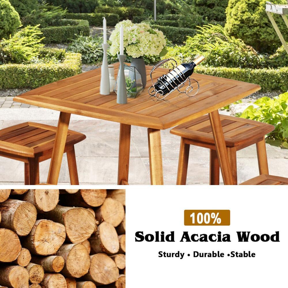 5PCS Acacia Patio Dining Set Outdoor Dining Furniture w/Square Table & 4 Stools (FW1)(FW3)(1U67)